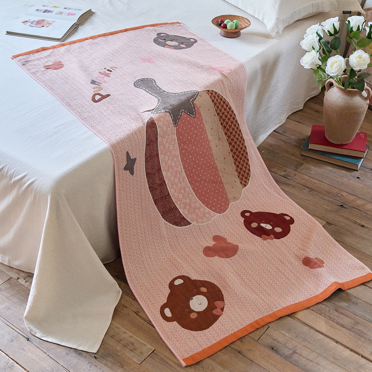 91家纺网 家纺一手货源 找家纺 沐瑟家纺 2025新款卡通A类全棉四层纱布浴巾加大毛巾-第五组 南瓜熊 150*75cm