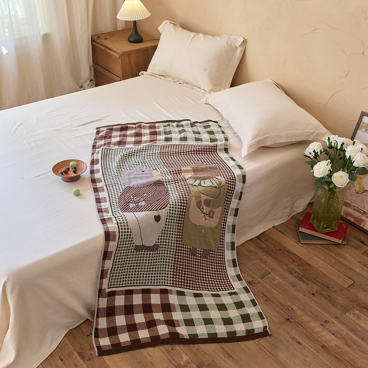 91家纺网 家纺一手货源 找家纺 沐瑟家纺 2025新款卡通A类全棉四层纱布浴巾加大毛巾-第五组 情侣熊-咖色 150*75cm