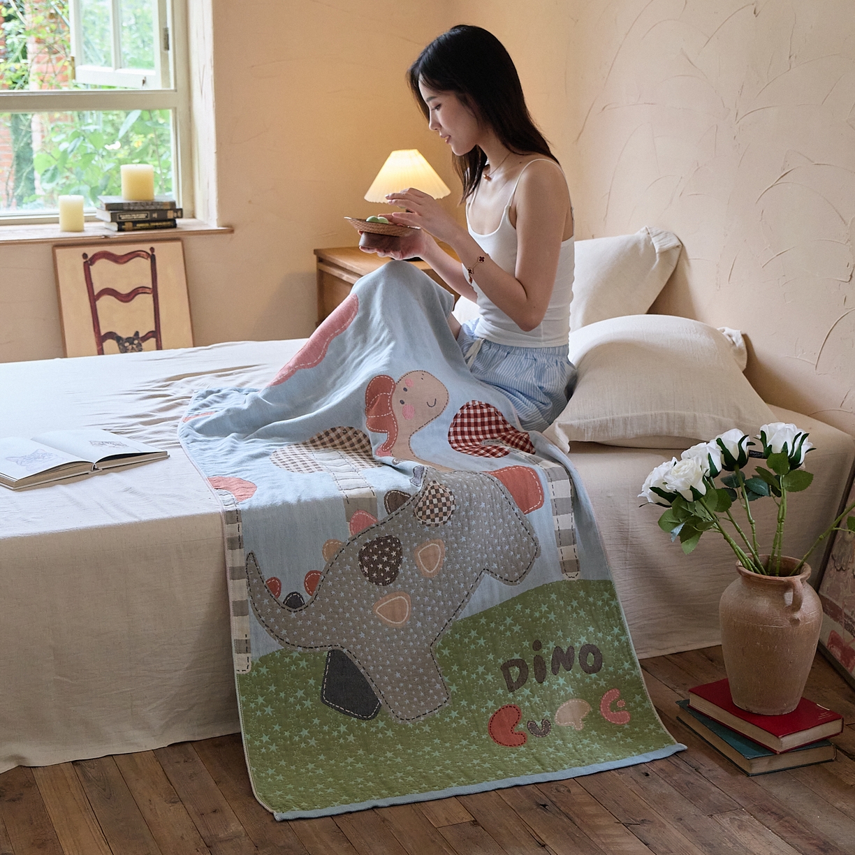 91家纺网 家纺一手货源 找家纺 沐瑟家纺 2025新款卡通A类全棉四层纱布浴巾加大毛巾-第五组 小恐龙 150*75cm