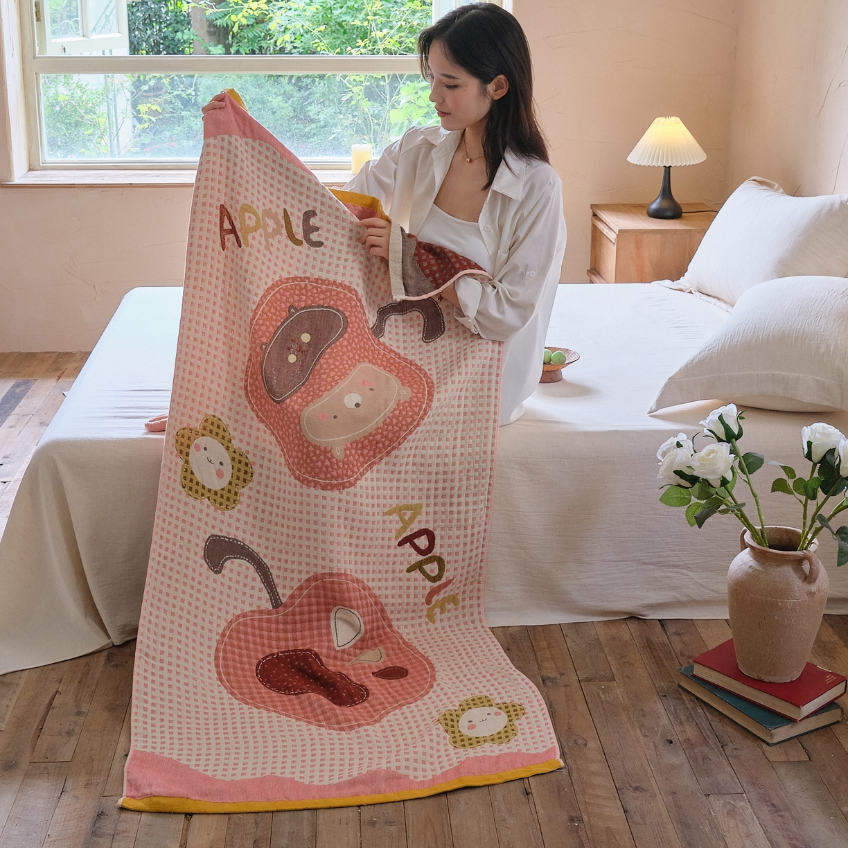 91家纺网 家纺一手货源 找家纺 沐瑟家纺 2025新款卡通A类全棉四层纱布浴巾加大毛巾-第五组 苹果 150*75cm