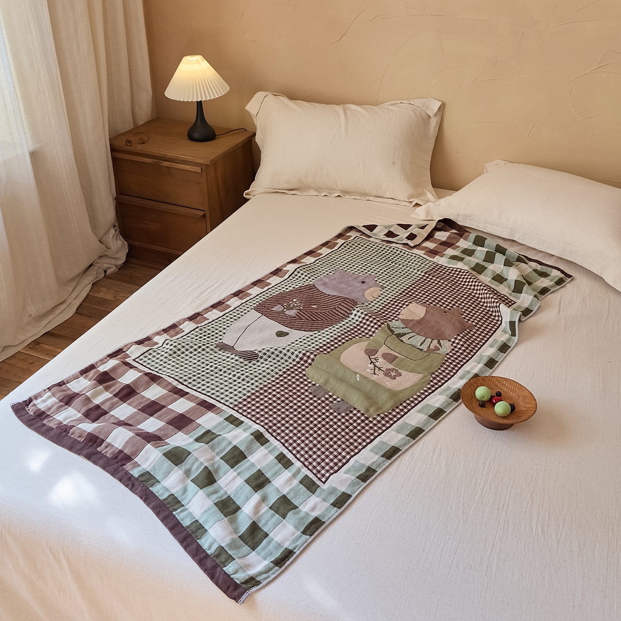 沐瑟家纺 2025新款卡通A类全棉四层纱布浴巾加大毛巾-第五组 情侣熊-咖色 150*75cm