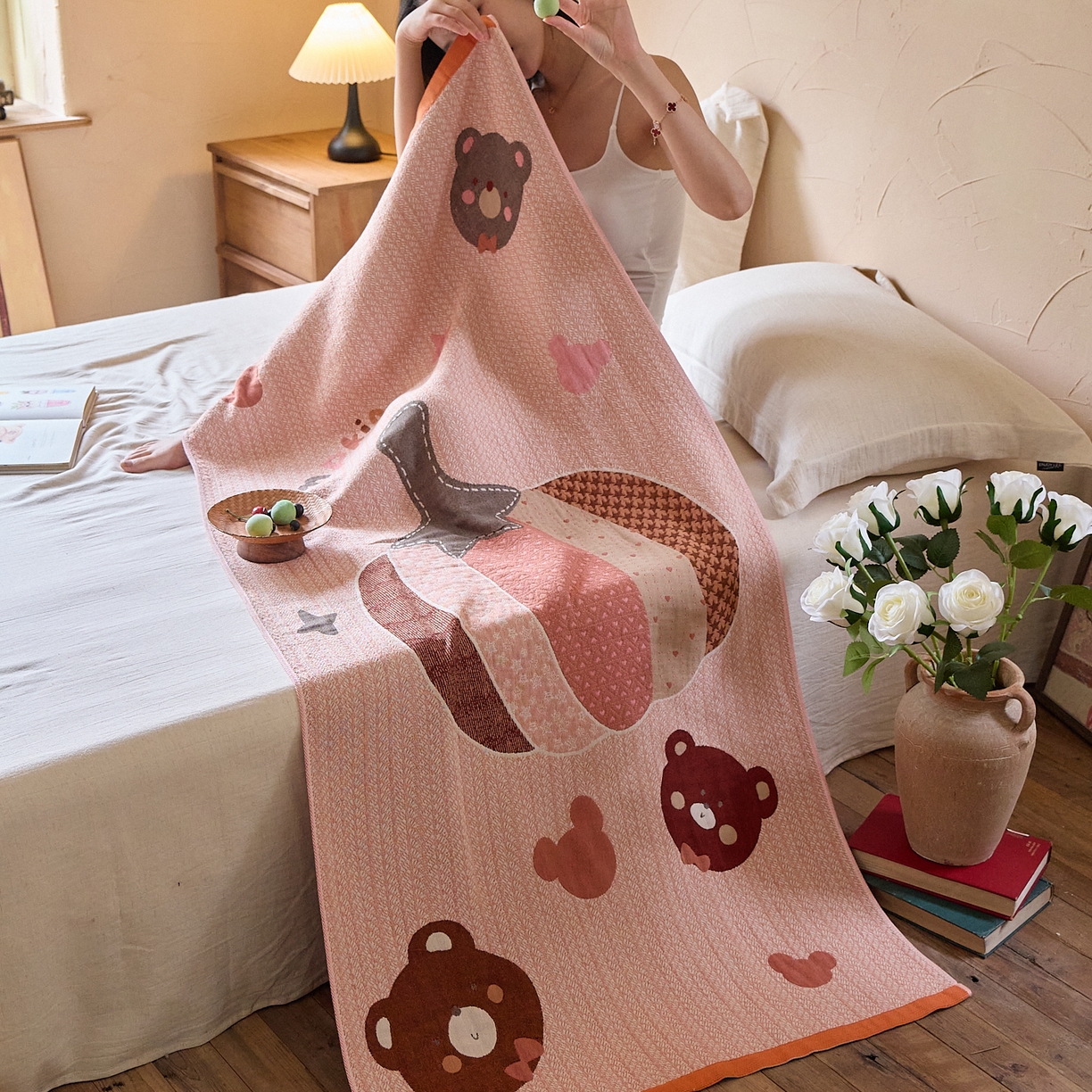 91家纺网 家纺一手货源 找家纺 沐瑟家纺 2025新款卡通A类全棉四层纱布浴巾加大毛巾-第五组 南瓜熊 150*75cm