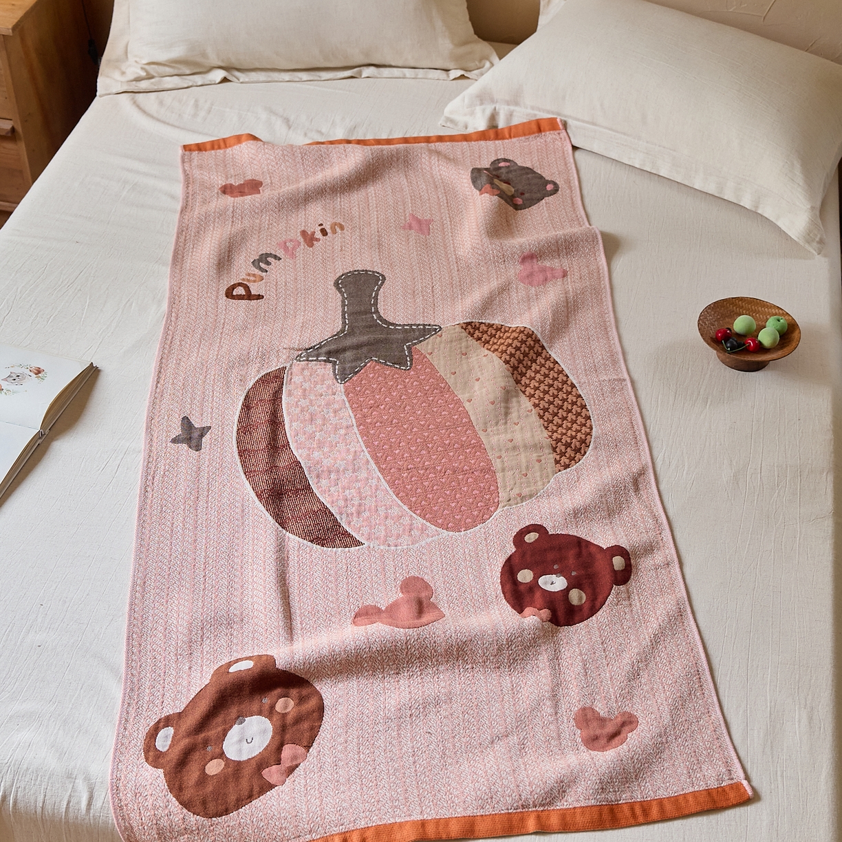 91家纺网 家纺一手货源 找家纺 沐瑟家纺 2025新款卡通A类全棉四层纱布浴巾加大毛巾-第五组 南瓜熊 150*75cm