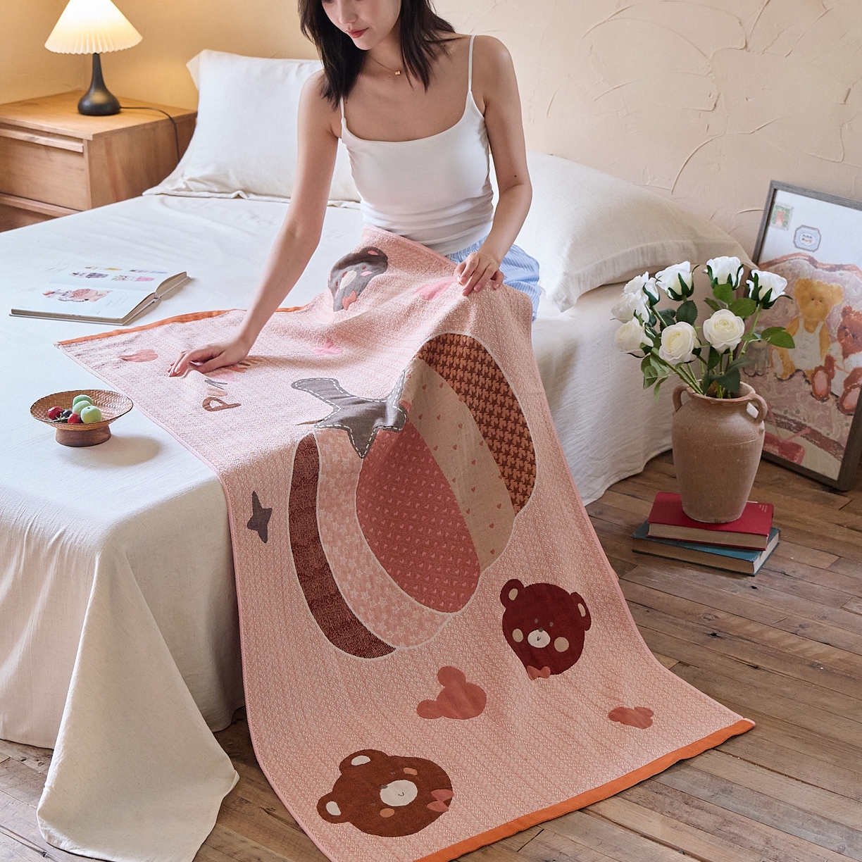 91家纺网 家纺一手货源 找家纺 沐瑟家纺 2025新款卡通A类全棉四层纱布浴巾加大毛巾-第五组 南瓜熊 150*75cm