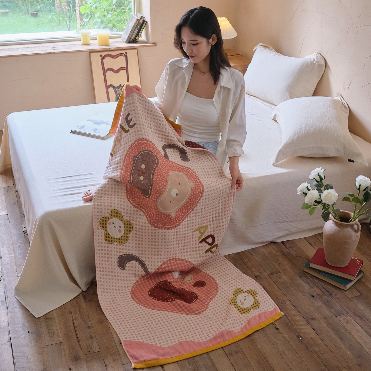 91家纺网 家纺一手货源 找家纺 沐瑟家纺 2025新款卡通A类全棉四层纱布浴巾加大毛巾-第五组 苹果 150*75cm