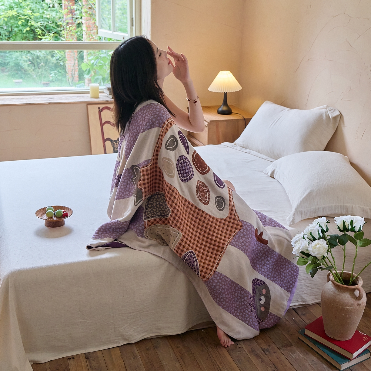 91家纺网 家纺一手货源 找家纺 沐瑟家纺 2025新款卡通A类全棉四层纱布浴巾加大毛巾-第五组 石榴 150*75cm