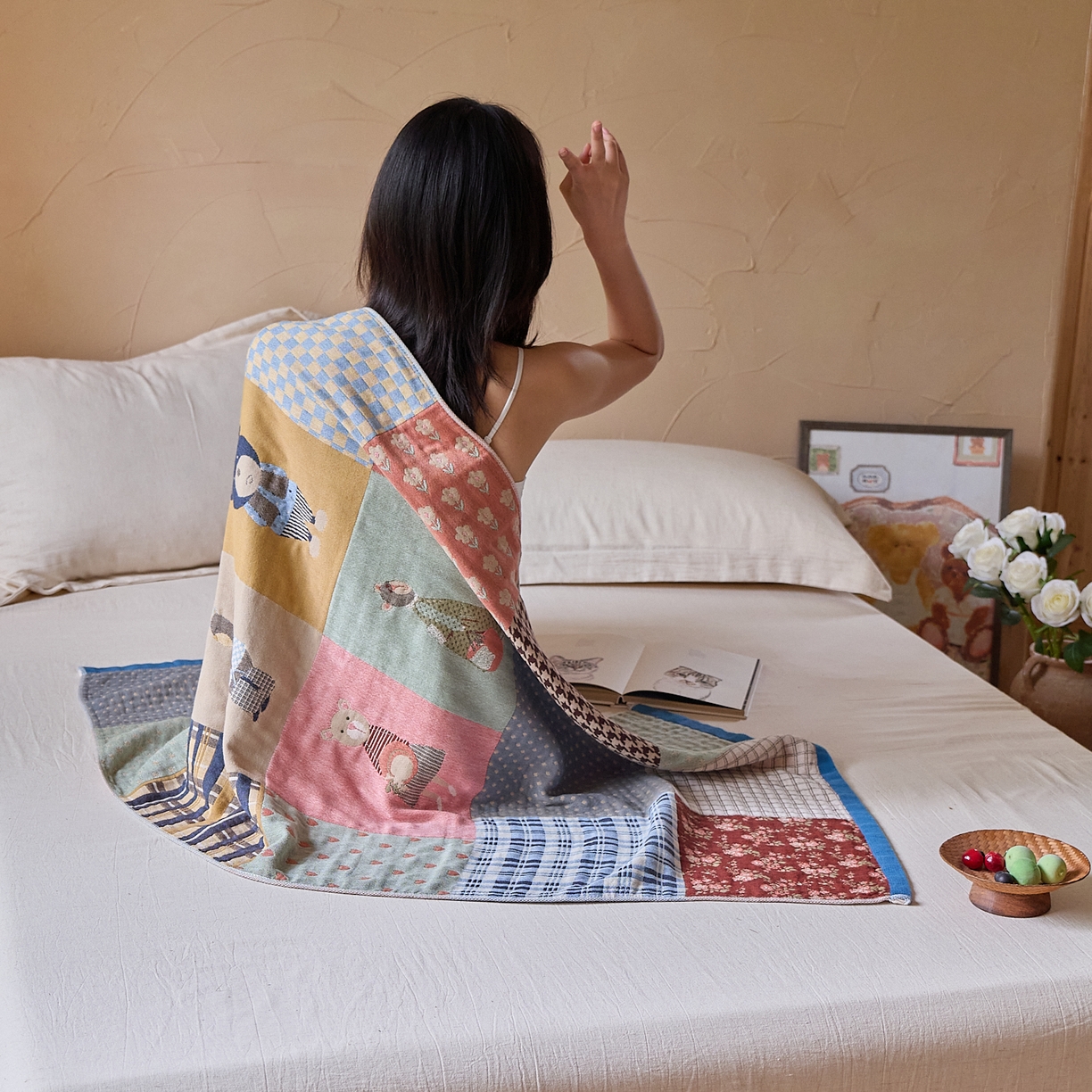 91家纺网 家纺一手货源 找家纺 沐瑟家纺 2025新款卡通A类全棉四层纱布浴巾加大毛巾-第五组 贴布熊 150*75cm