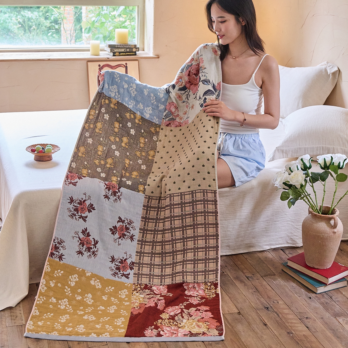 91家纺网 家纺一手货源 找家纺 沐瑟家纺 2025新款卡通A类全棉四层纱布浴巾加大毛巾-第五组 韩版花 150*75cm