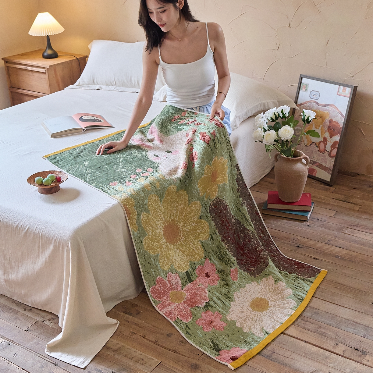 91家纺网 家纺一手货源 找家纺 沐瑟家纺 2025新款卡通A类全棉四层纱布浴巾加大毛巾-第五组 小白兔 150*75cm