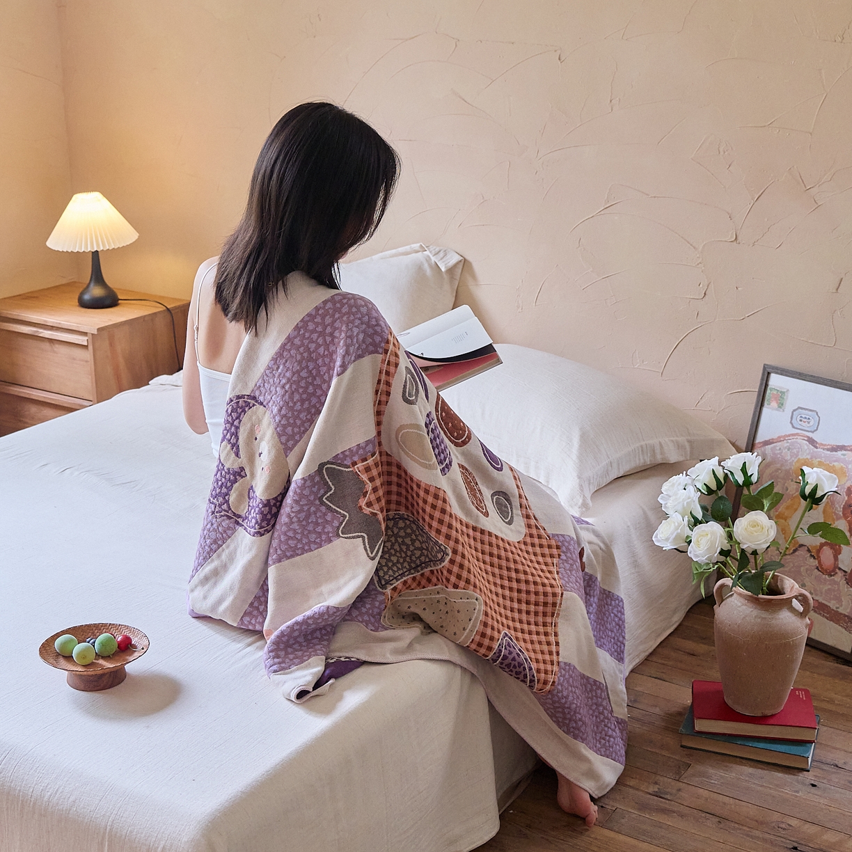 91家纺网 家纺一手货源 找家纺 沐瑟家纺 2025新款卡通A类全棉四层纱布浴巾加大毛巾-第五组 石榴 150*75cm