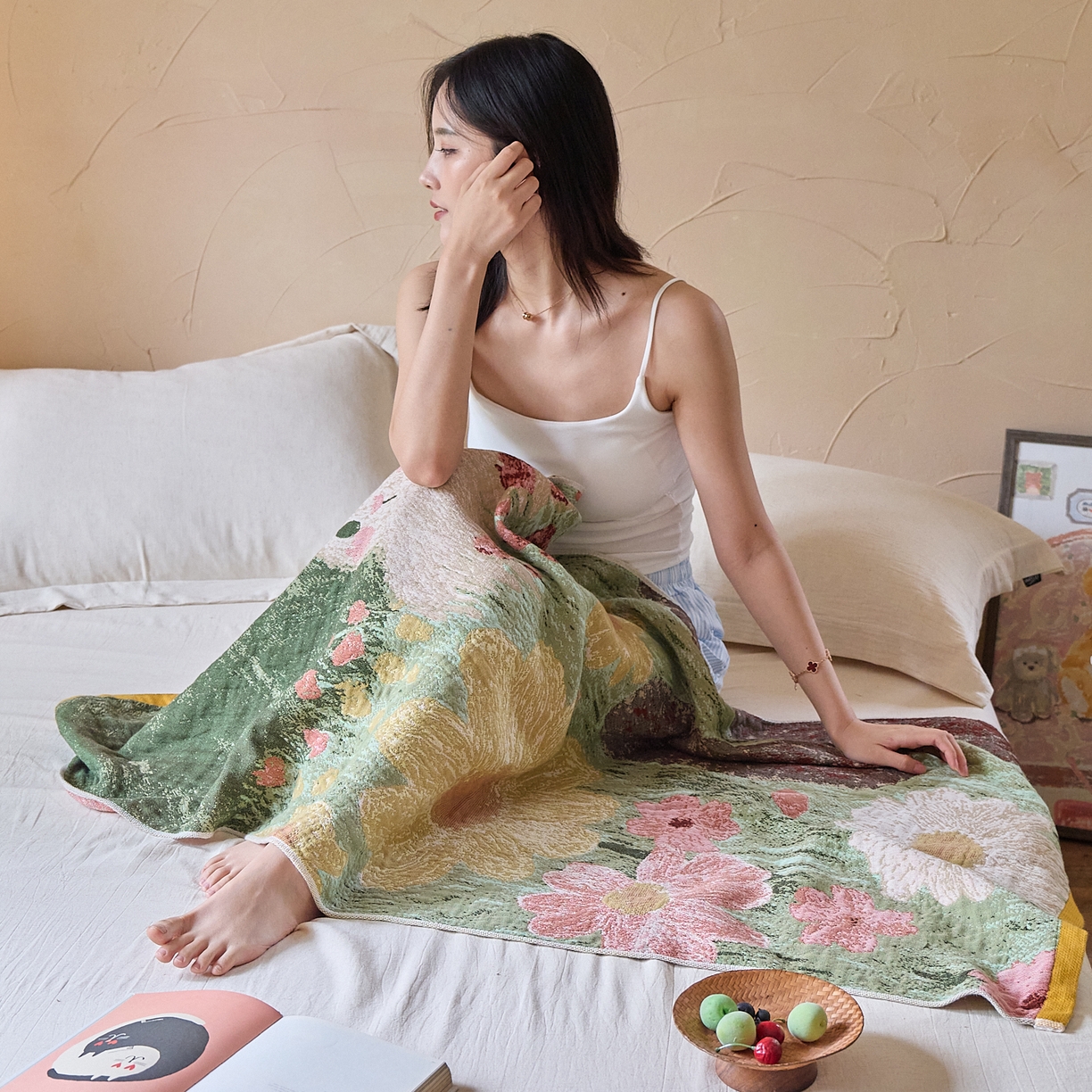 91家纺网 家纺一手货源 找家纺 沐瑟家纺 2025新款卡通A类全棉四层纱布浴巾加大毛巾-第五组 小白兔 150*75cm