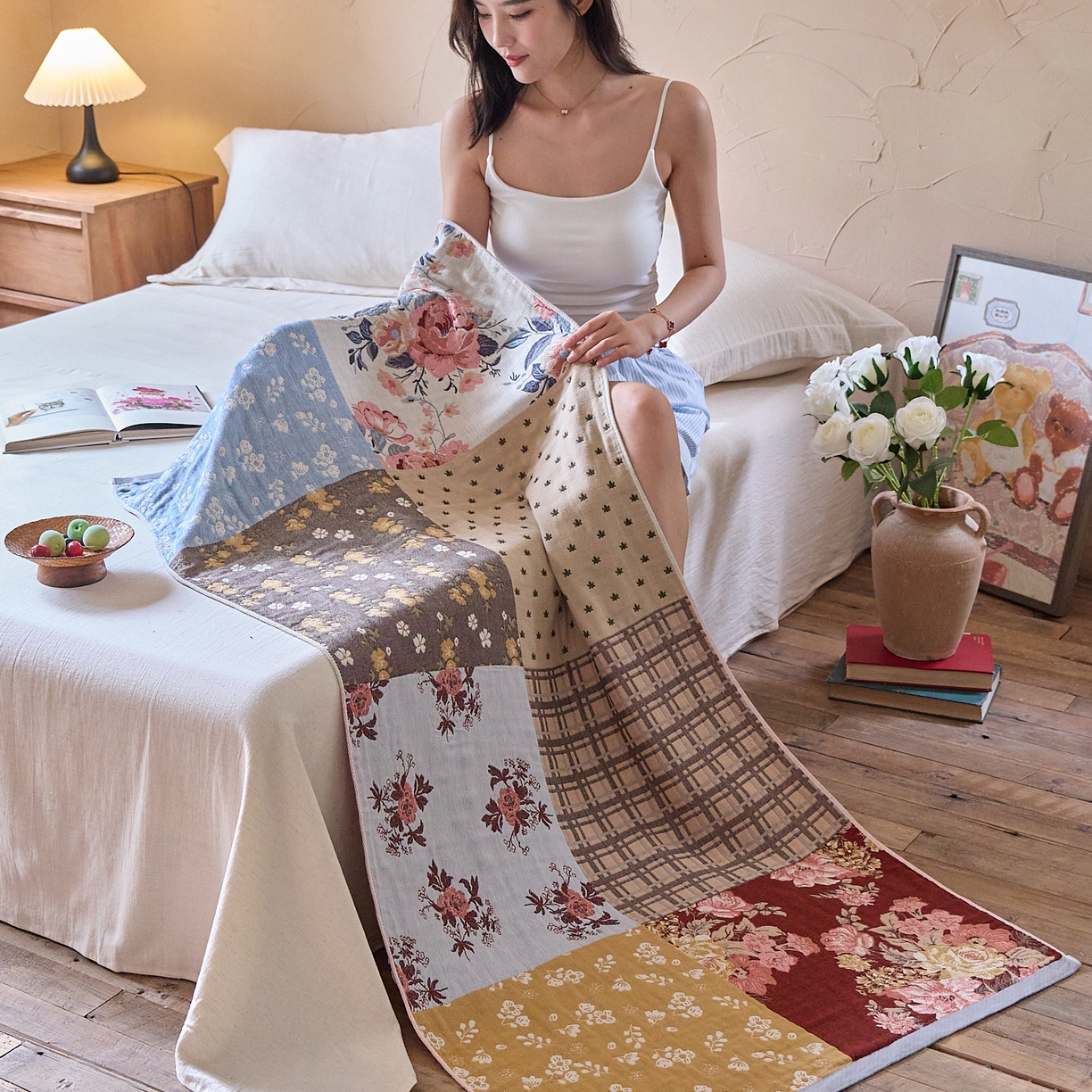 91家纺网 家纺一手货源 找家纺 沐瑟家纺 2025新款卡通A类全棉四层纱布浴巾加大毛巾-第五组 韩版花 150*75cm