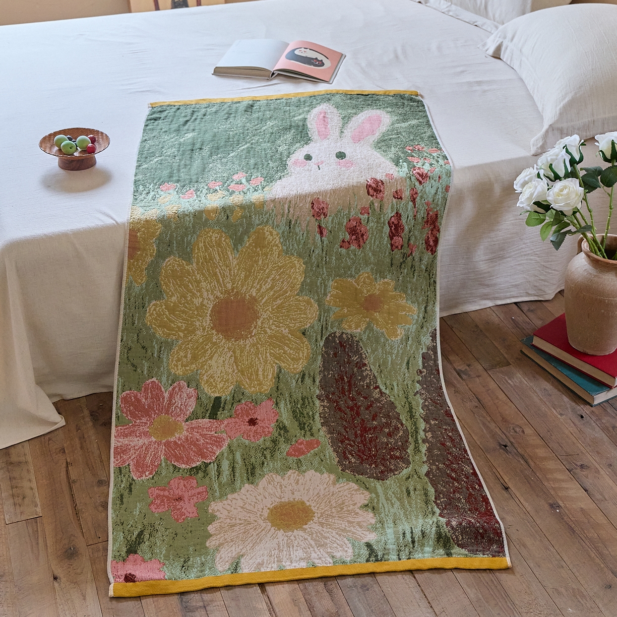 91家纺网 家纺一手货源 找家纺 沐瑟家纺 2025新款卡通A类全棉四层纱布浴巾加大毛巾-第五组 小白兔 150*75cm