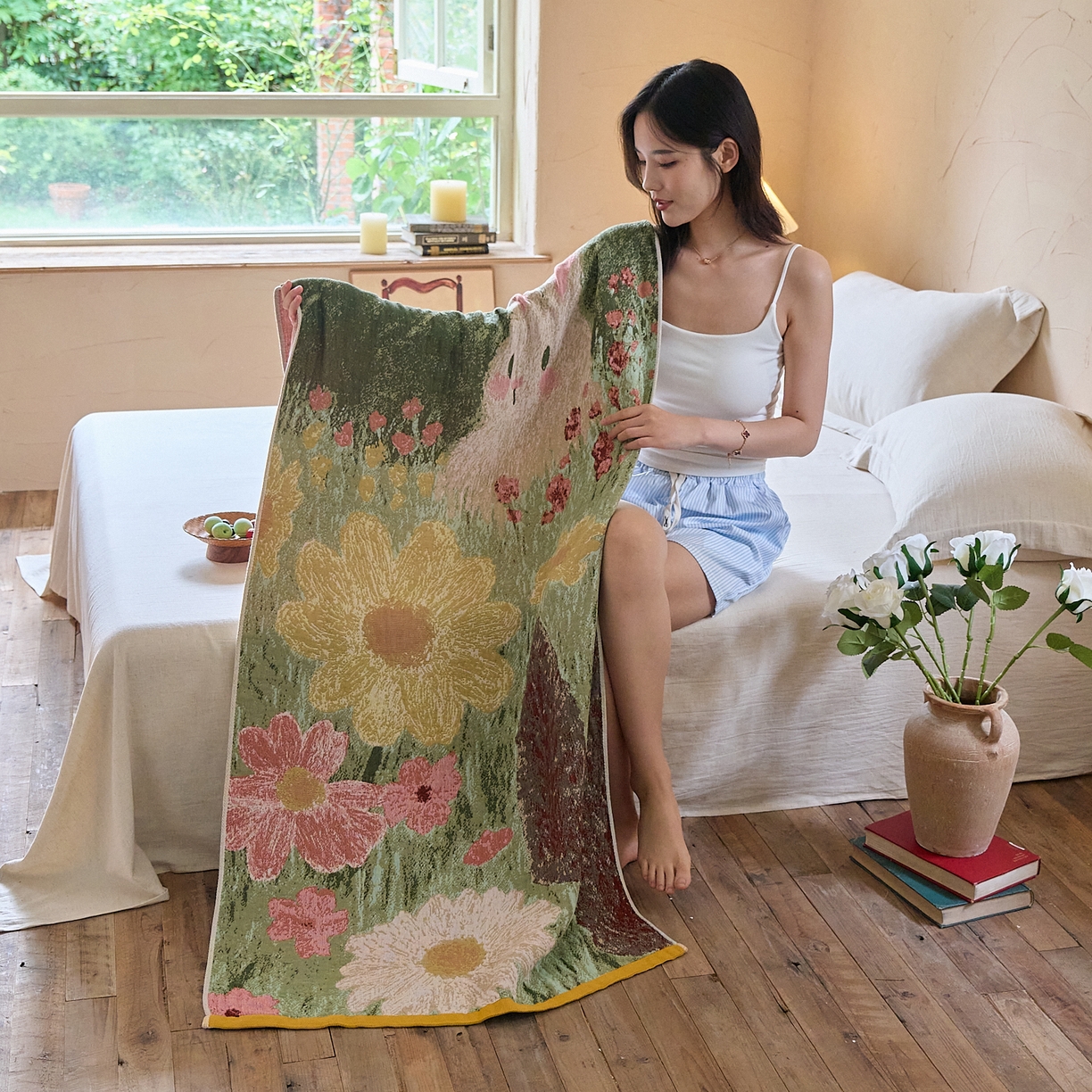 91家纺网 家纺一手货源 找家纺 沐瑟家纺 2025新款卡通A类全棉四层纱布浴巾加大毛巾-第五组 小白兔 150*75cm