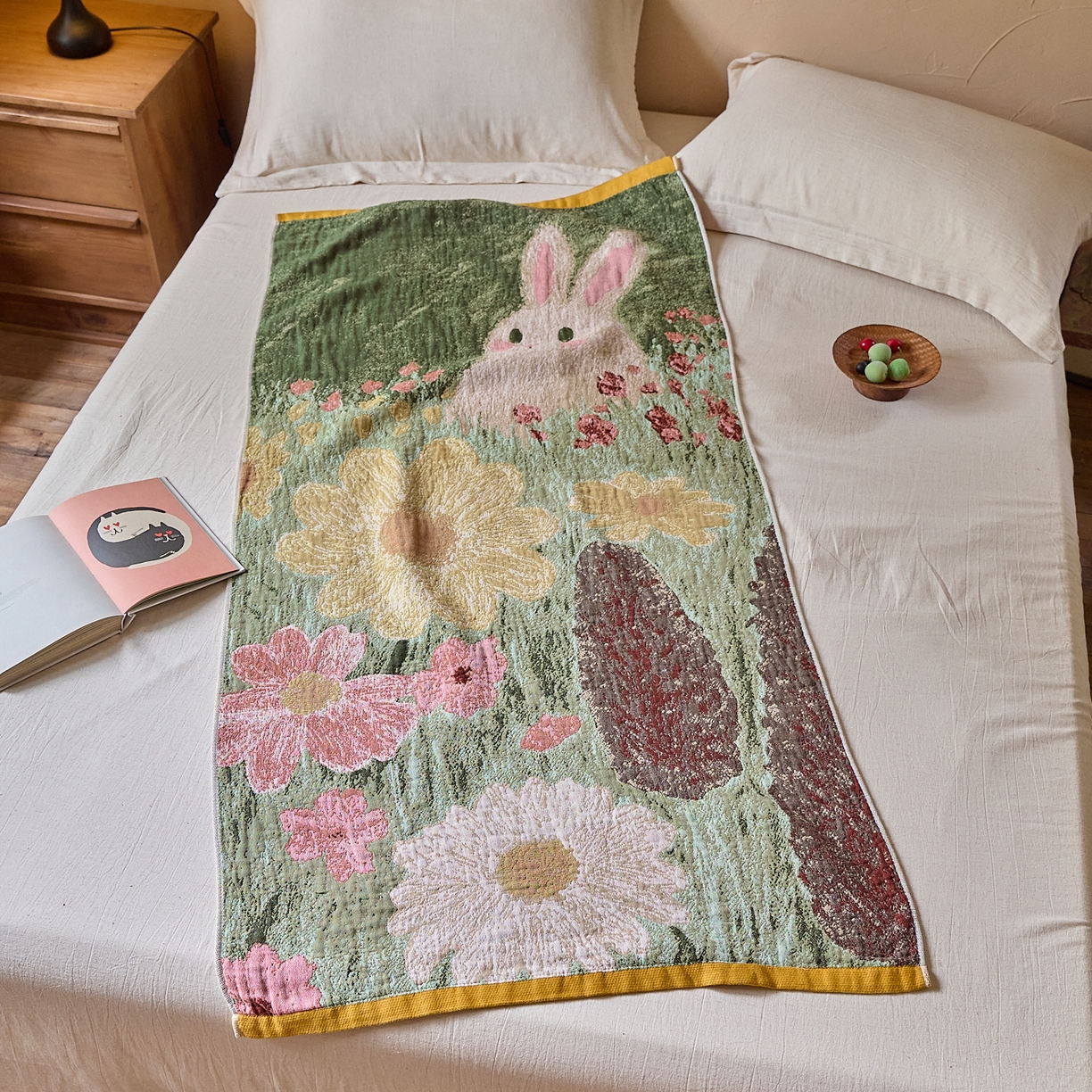 91家纺网 家纺一手货源 找家纺 沐瑟家纺 2025新款卡通A类全棉四层纱布浴巾加大毛巾-第五组 小白兔 150*75cm