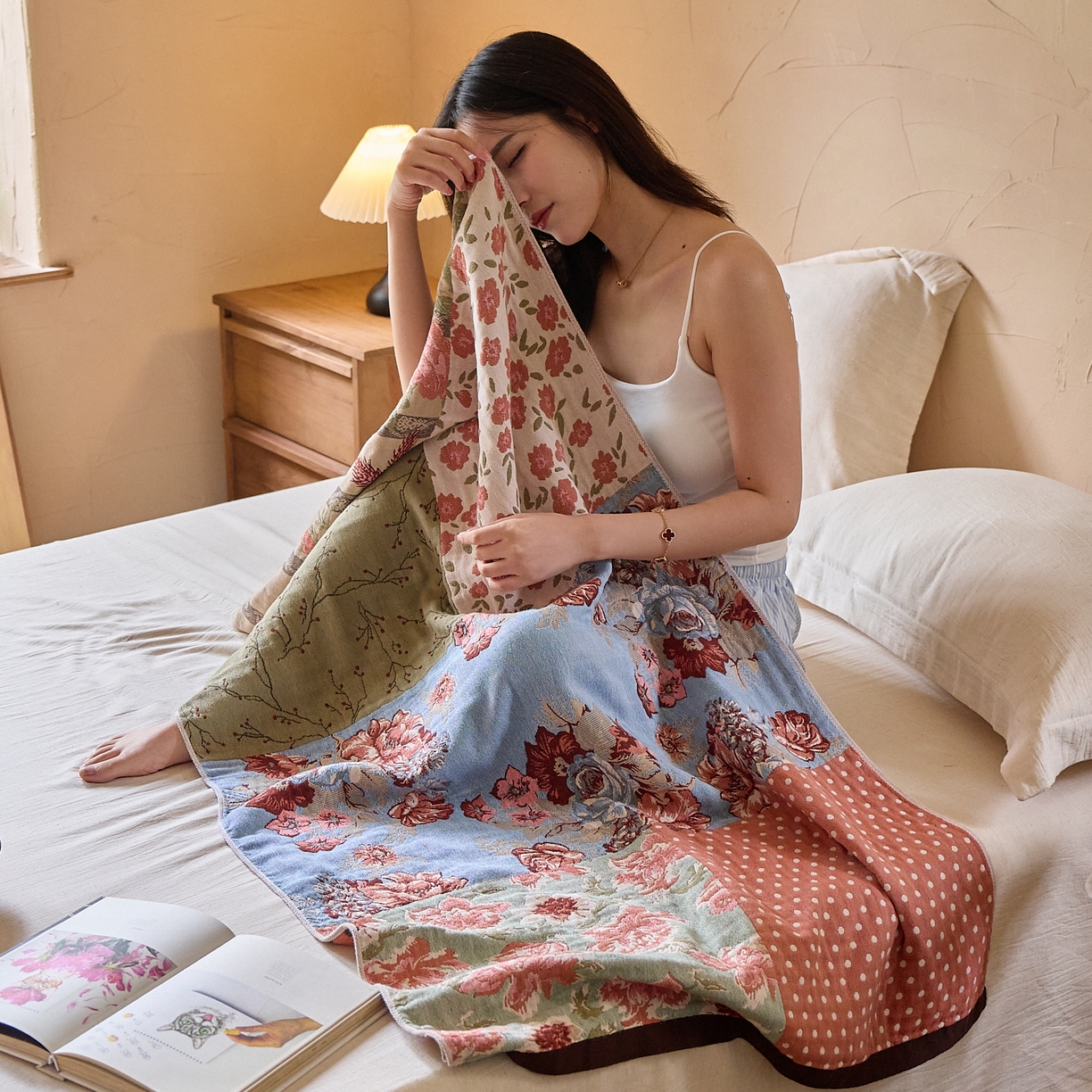 91家纺网 家纺一手货源 找家纺 沐瑟家纺 2025新款卡通A类全棉四层纱布浴巾加大毛巾-第五组 复古油画 150*75cm