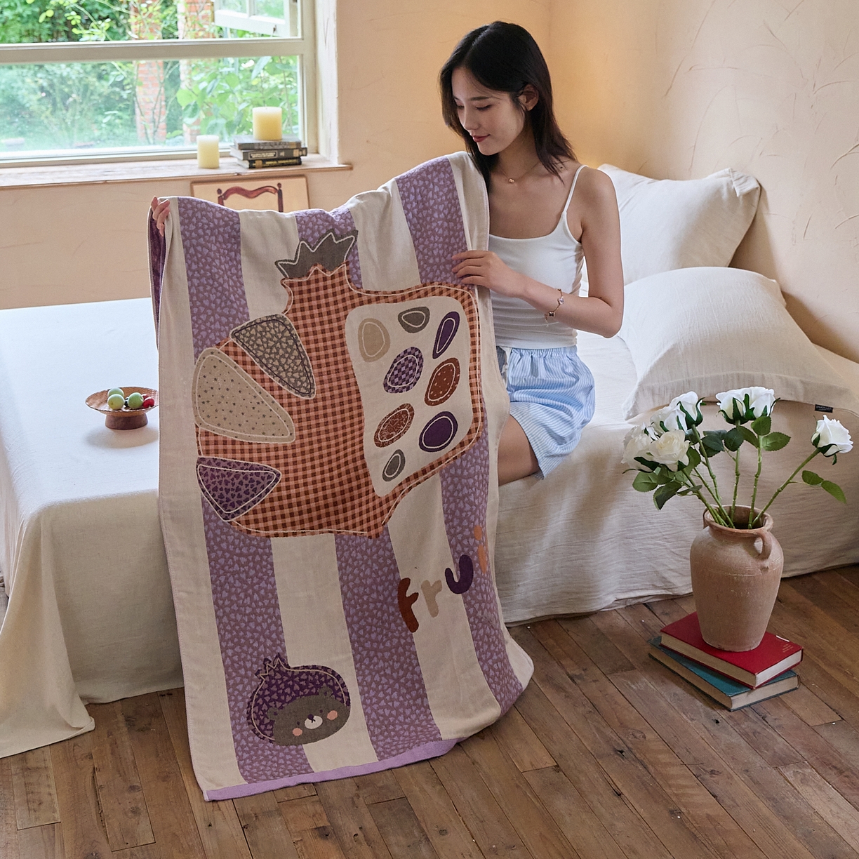 91家纺网 家纺一手货源 找家纺 沐瑟家纺 2025新款卡通A类全棉四层纱布浴巾加大毛巾-第五组 石榴 150*75cm