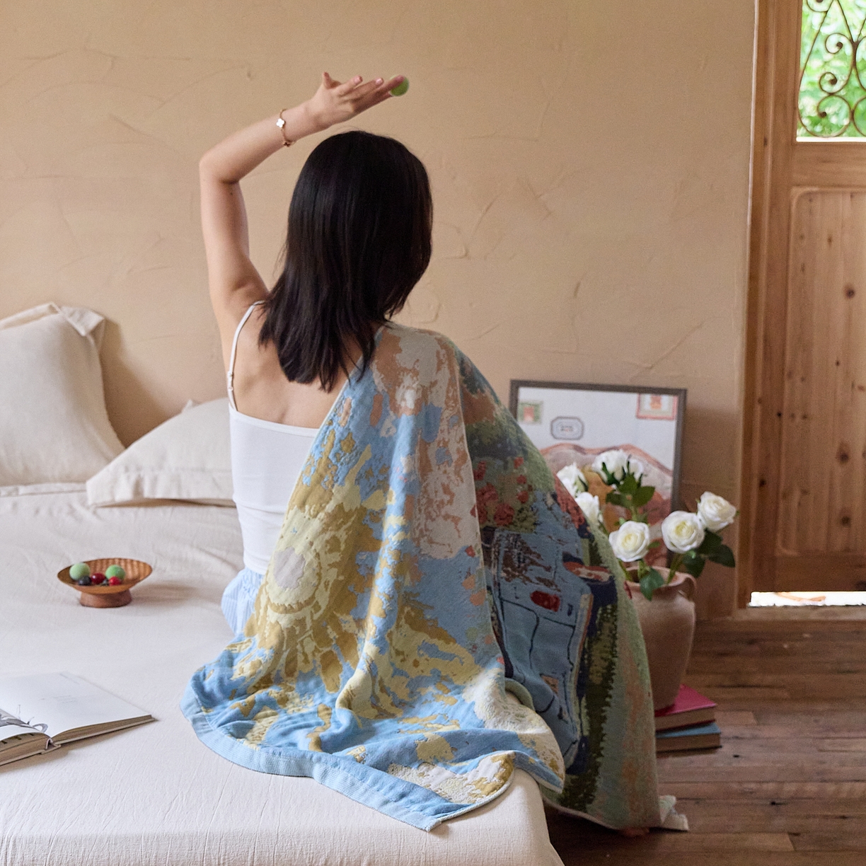 91家纺网 家纺一手货源 找家纺 沐瑟家纺 2025新款卡通A类全棉四层纱布浴巾加大毛巾-第五组 游花海 150*75cm