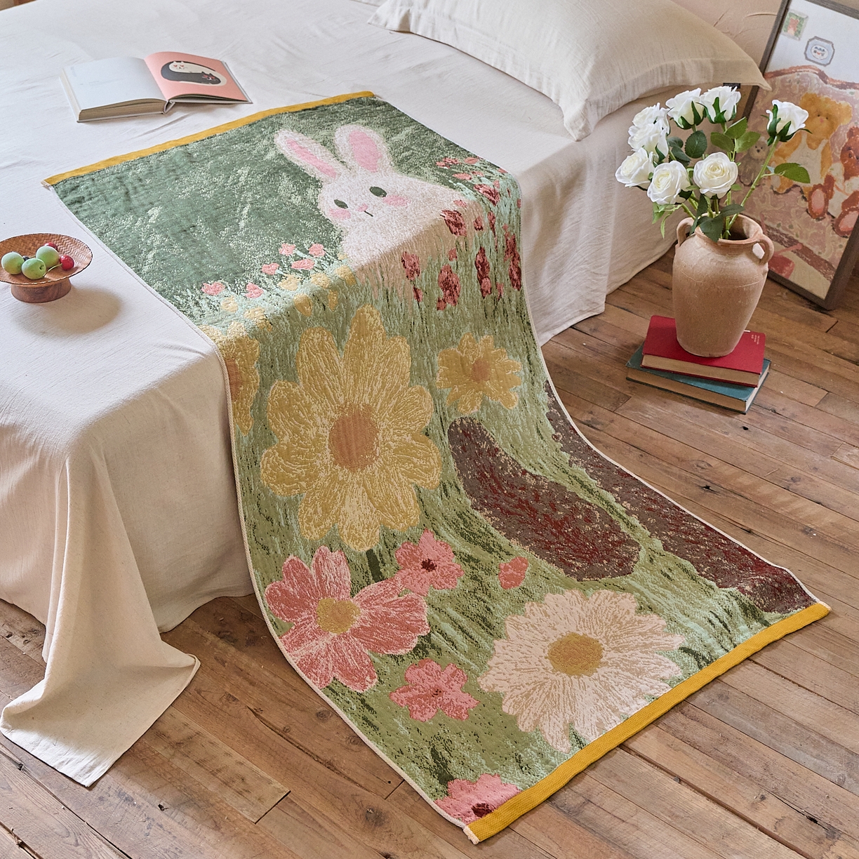 91家纺网 家纺一手货源 找家纺 沐瑟家纺 2025新款卡通A类全棉四层纱布浴巾加大毛巾-第五组 小白兔 150*75cm