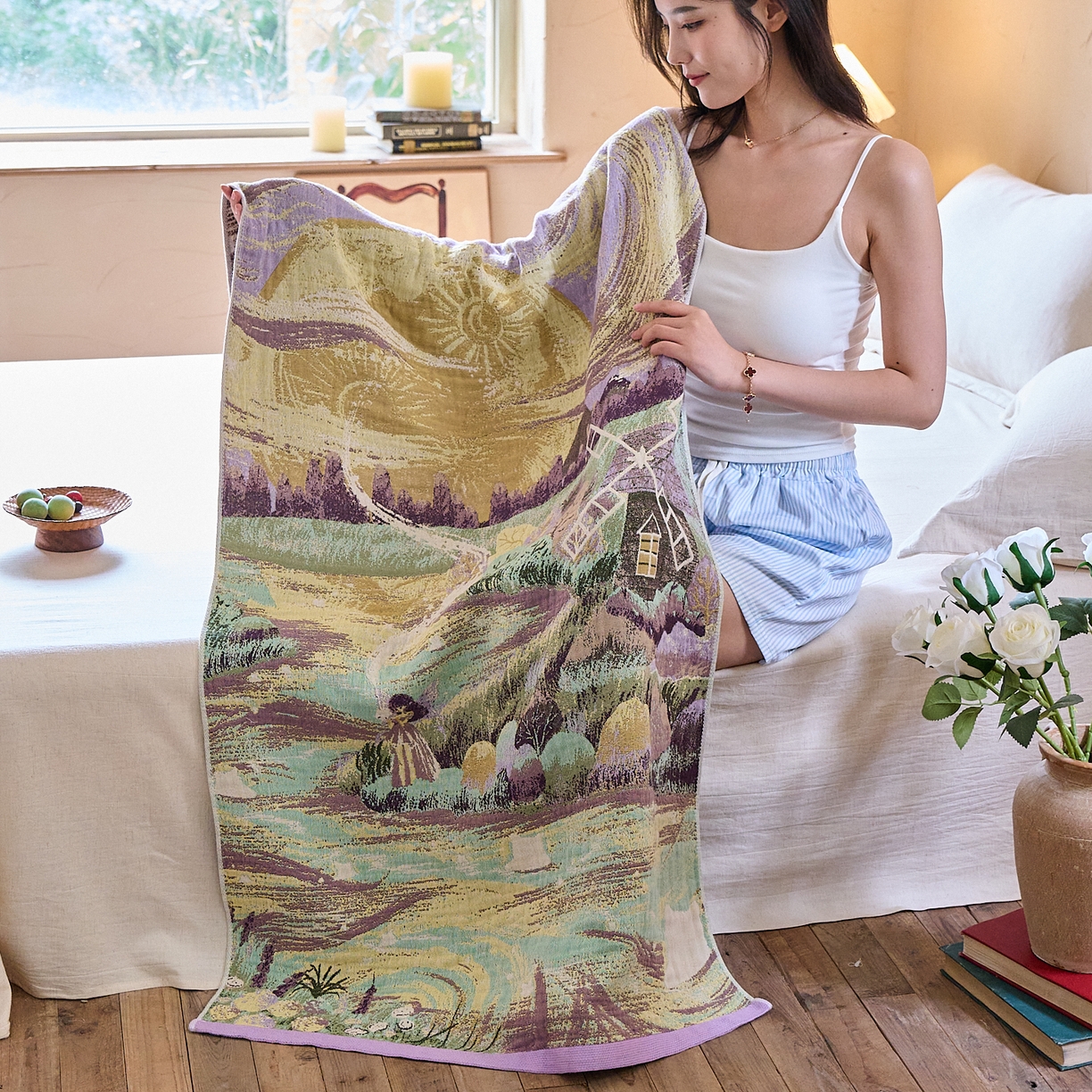 91家纺网 家纺一手货源 找家纺 沐瑟家纺 2025新款卡通A类全棉四层纱布浴巾加大毛巾-第五组 万物同行 150*75cm