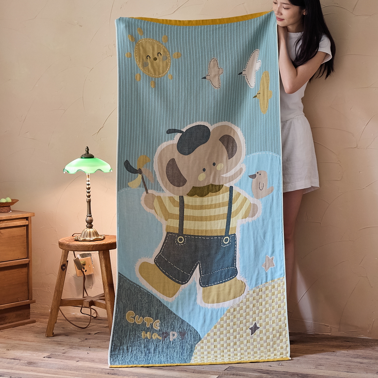 沐瑟家纺 2025新款卡通A类全棉四层纱布浴巾加大毛巾-第五组 小象 150*75cm