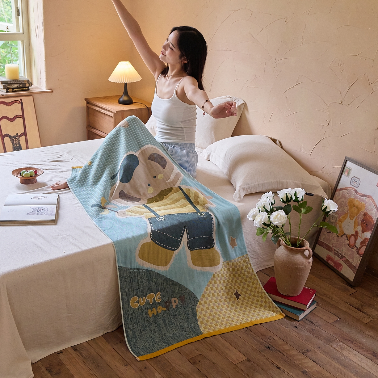 91家纺网 家纺一手货源 找家纺 沐瑟家纺 2025新款卡通A类全棉四层纱布浴巾加大毛巾-第五组 小象 150*75cm