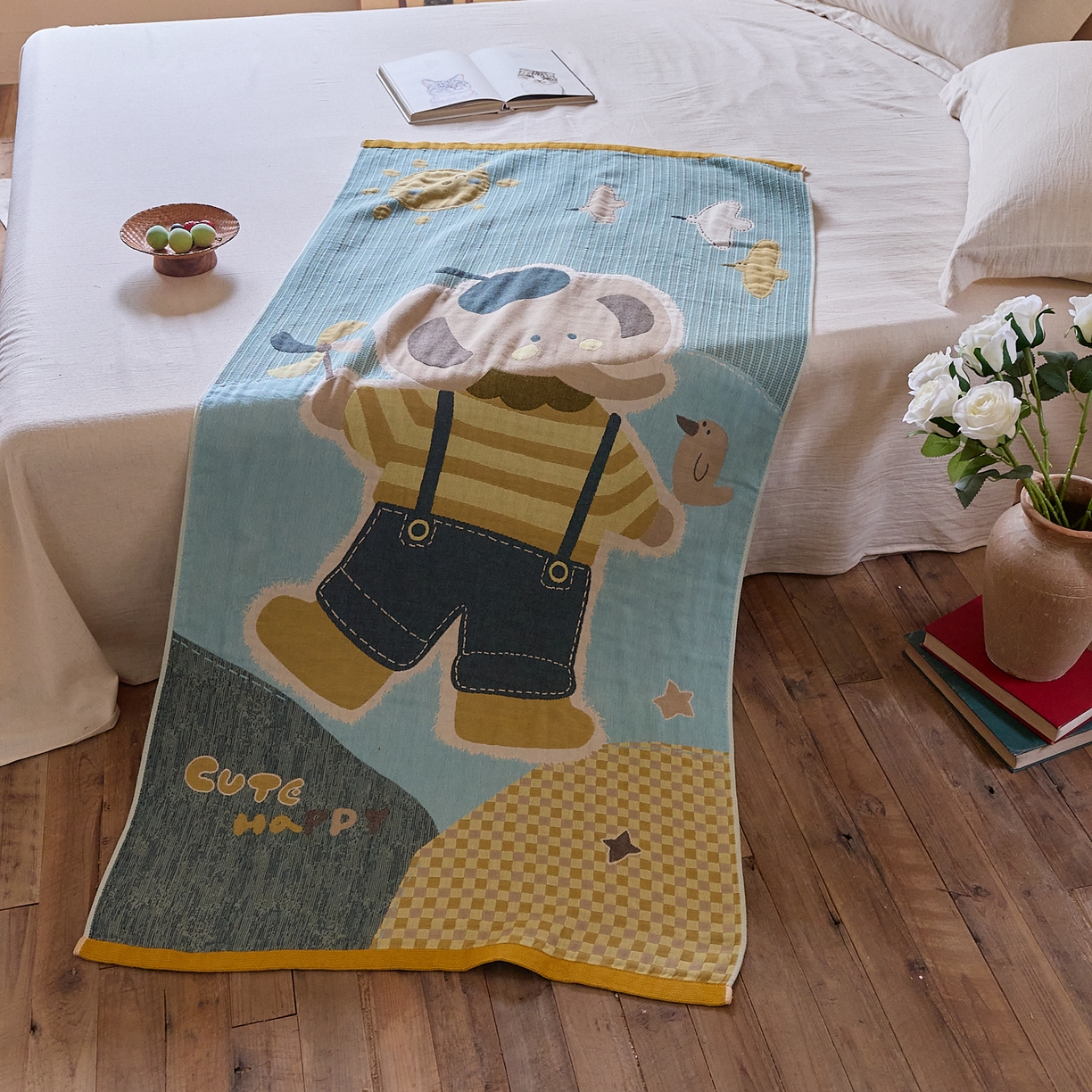 91家纺网 家纺一手货源 找家纺 沐瑟家纺 2025新款卡通A类全棉四层纱布浴巾加大毛巾-第五组 小象 150*75cm