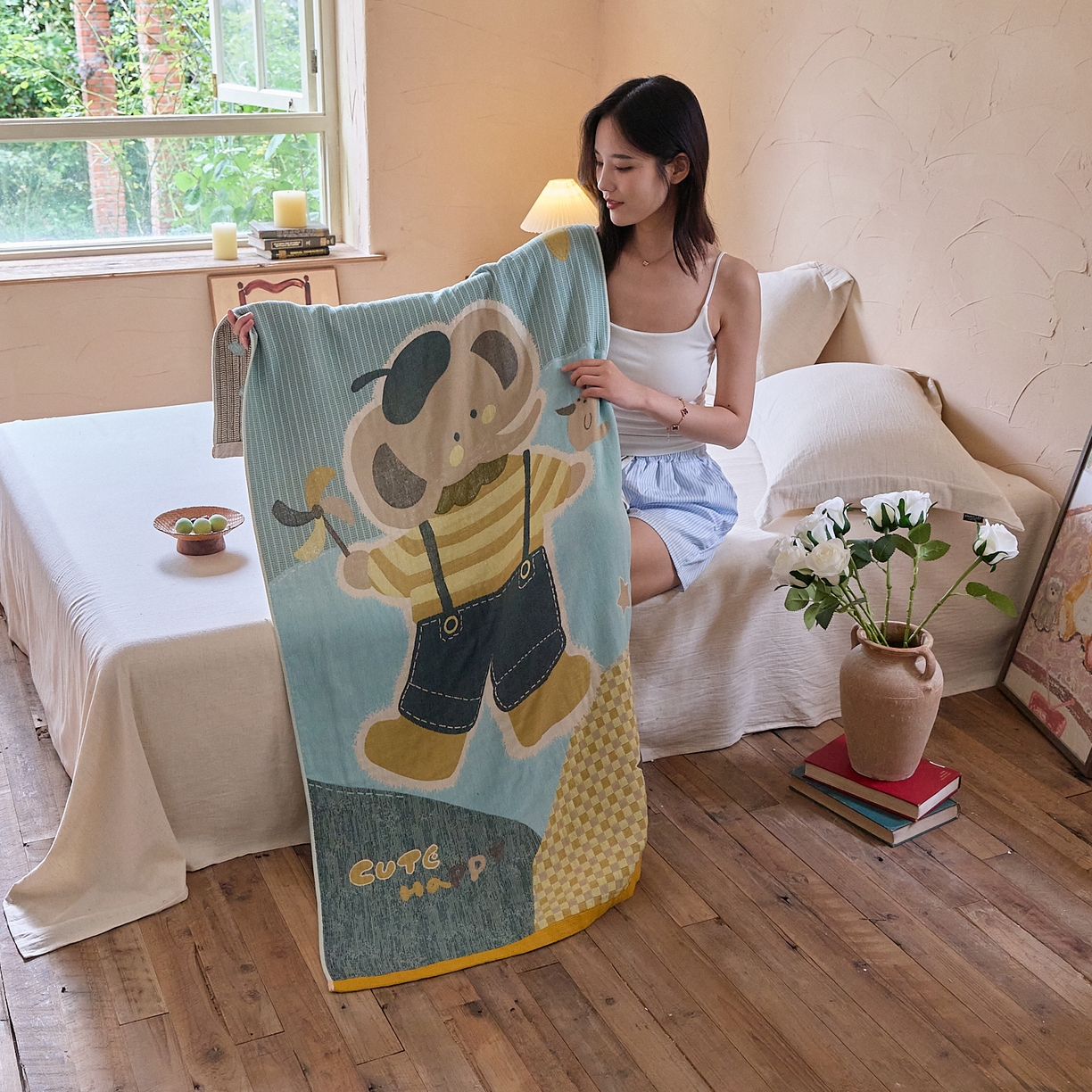 91家纺网 家纺一手货源 找家纺 沐瑟家纺 2025新款卡通A类全棉四层纱布浴巾加大毛巾-第五组 小象 150*75cm