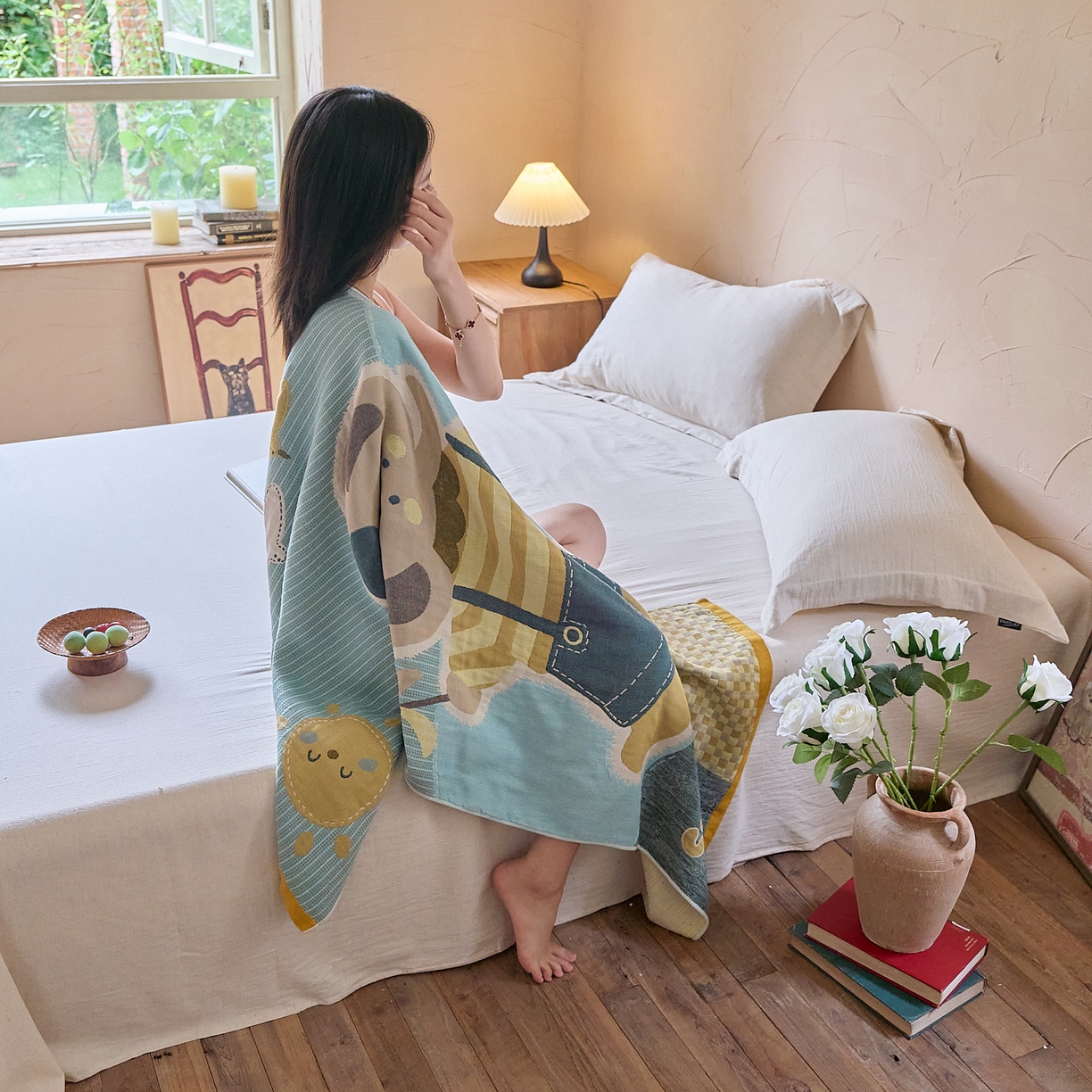 91家纺网 家纺一手货源 找家纺 沐瑟家纺 2025新款卡通A类全棉四层纱布浴巾加大毛巾-第五组 小象 150*75cm