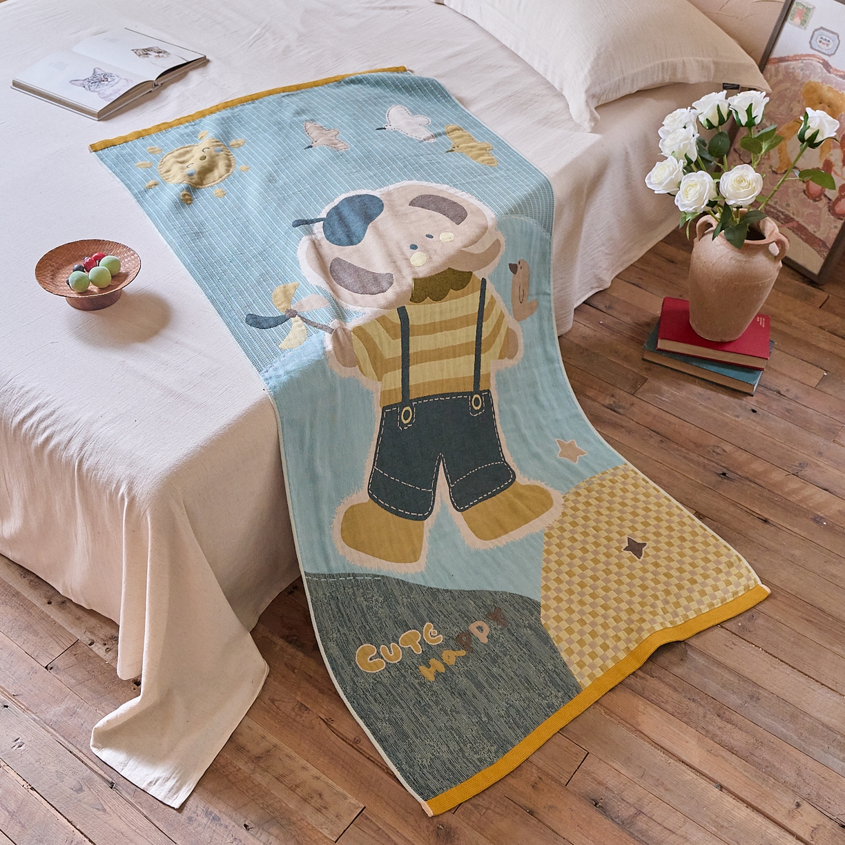 91家纺网 家纺一手货源 找家纺 沐瑟家纺 2025新款卡通A类全棉四层纱布浴巾加大毛巾-第五组 小象 150*75cm