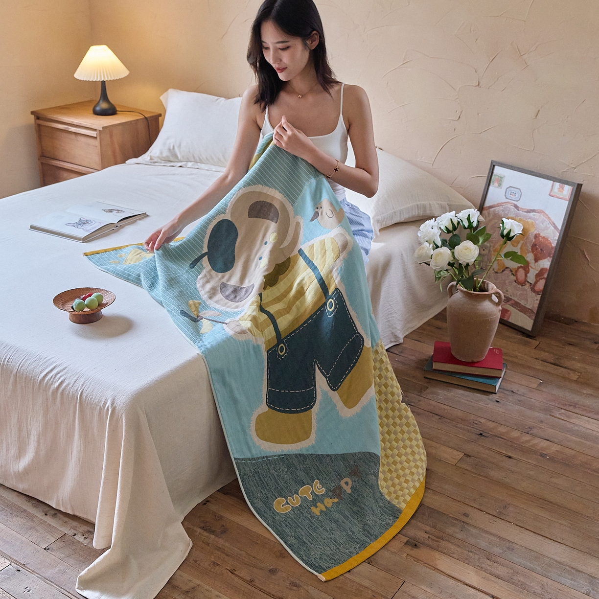 91家纺网 家纺一手货源 找家纺 沐瑟家纺 2025新款卡通A类全棉四层纱布浴巾加大毛巾-第五组 小象 150*75cm