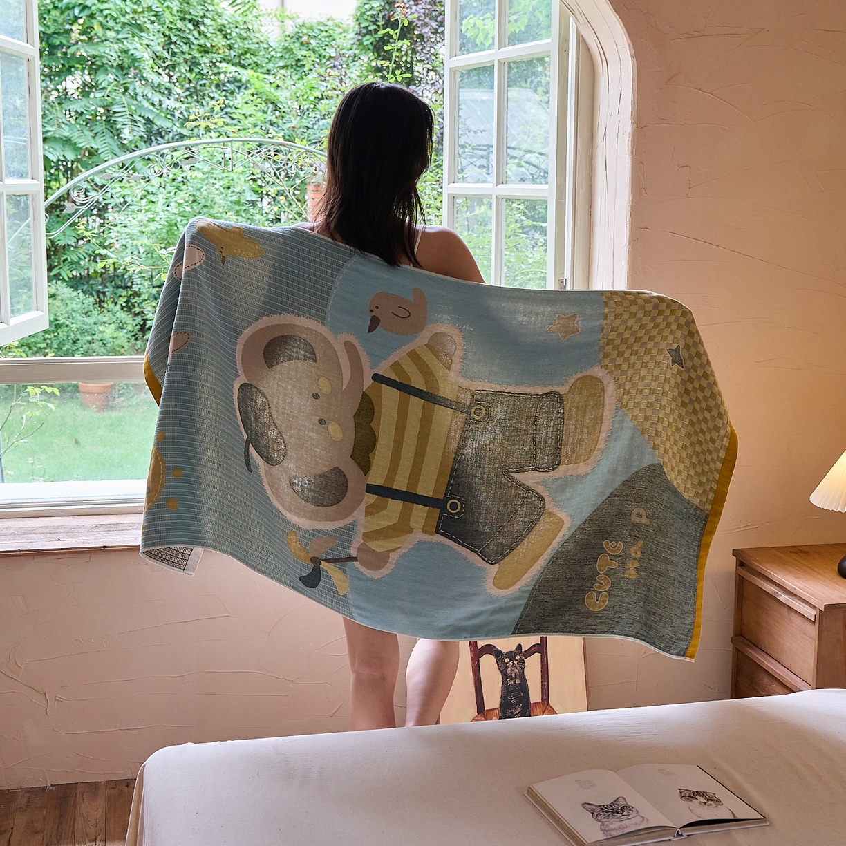 91家纺网 家纺一手货源 找家纺 沐瑟家纺 2025新款卡通A类全棉四层纱布浴巾加大毛巾-第五组 小象 150*75cm