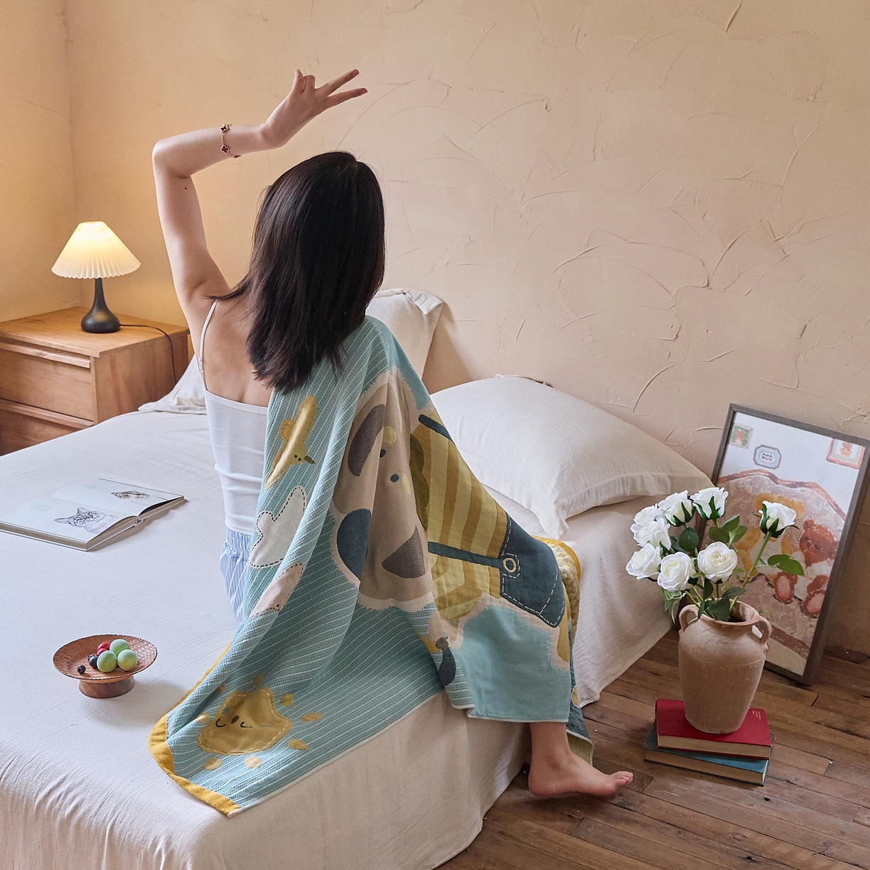 91家纺网 家纺一手货源 找家纺 沐瑟家纺 2025新款卡通A类全棉四层纱布浴巾加大毛巾-第五组 小象 150*75cm