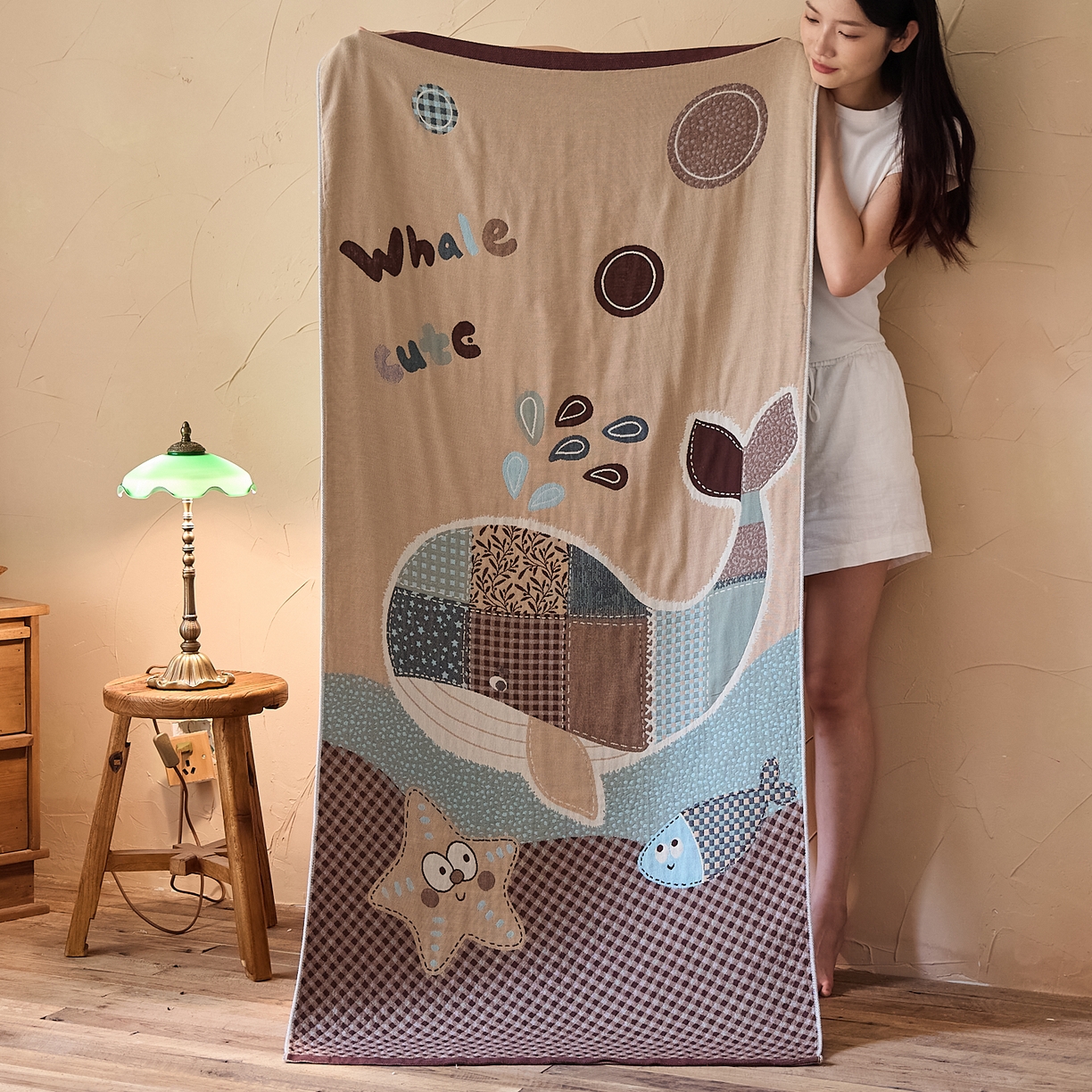 沐瑟家纺 2025新款卡通A类全棉四层纱布浴巾加大毛巾-第五组 小鲸鱼 150*75cm