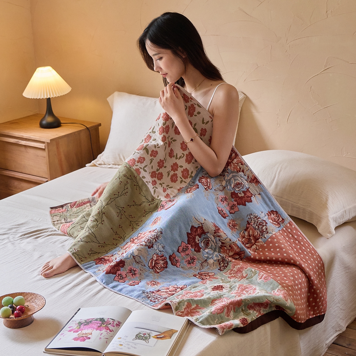 91家纺网 家纺一手货源 找家纺 沐瑟家纺 2025新款卡通A类全棉四层纱布浴巾加大毛巾-第五组 复古油画 150*75cm