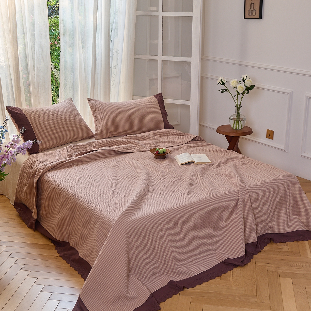 91家纺网 家纺一手货源 找家纺 沐瑟家纺 2025新款全棉纱布床盖三件套-挪威 挪威-玫粉