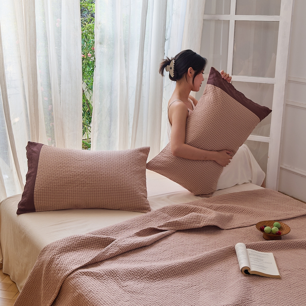 91家纺网 家纺一手货源 找家纺 沐瑟家纺 2025新款全棉纱布床盖三件套-挪威 挪威-玫粉