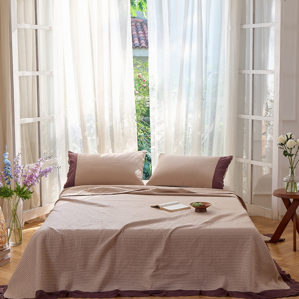 91家纺网 家纺一手货源 找家纺 沐瑟家纺 2025新款全棉纱布床盖三件套-挪威 挪威-浅咖