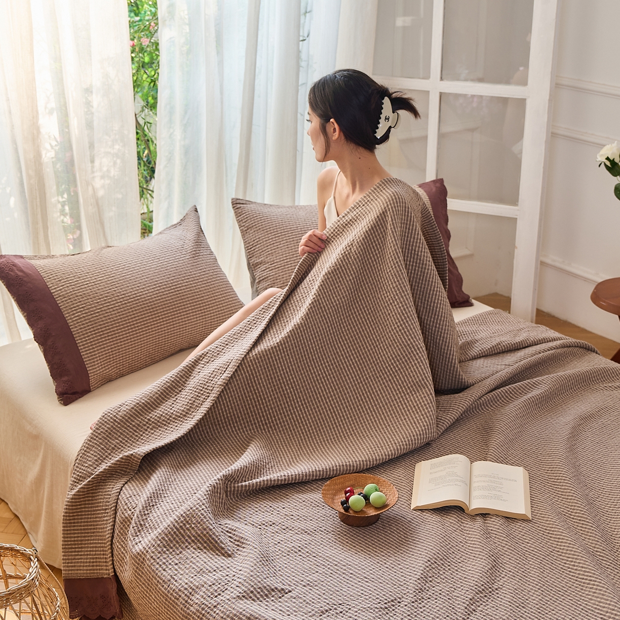 91家纺网 家纺一手货源 找家纺 （总）沐瑟家纺 2025新款全棉纱布床盖三件套-挪威