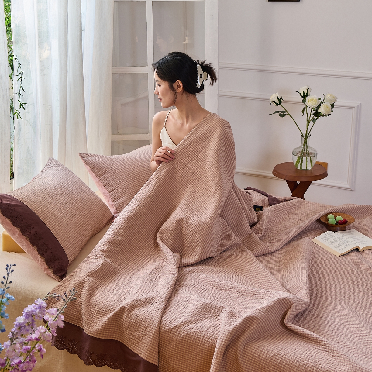 91家纺网 家纺一手货源 找家纺 沐瑟家纺 2025新款全棉纱布床盖三件套-挪威 挪威-玫粉