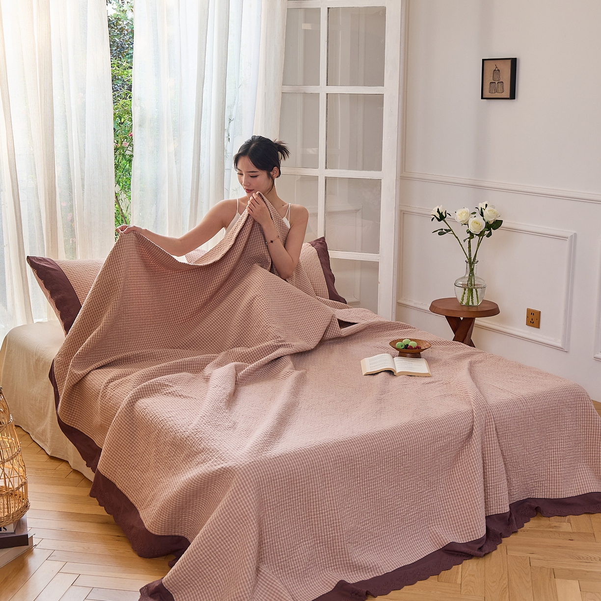 91家纺网 家纺一手货源 找家纺 沐瑟家纺 2025新款全棉纱布床盖三件套-挪威 挪威-玫粉