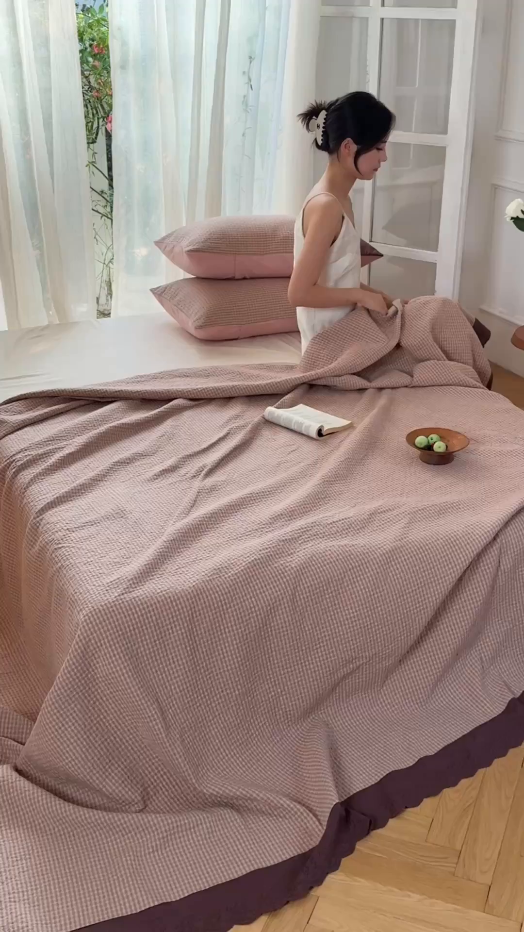 91家纺网 家纺一手货源 找家纺 沐瑟家纺 2025新款全棉纱布床盖三件套-挪威 挪威-玫粉