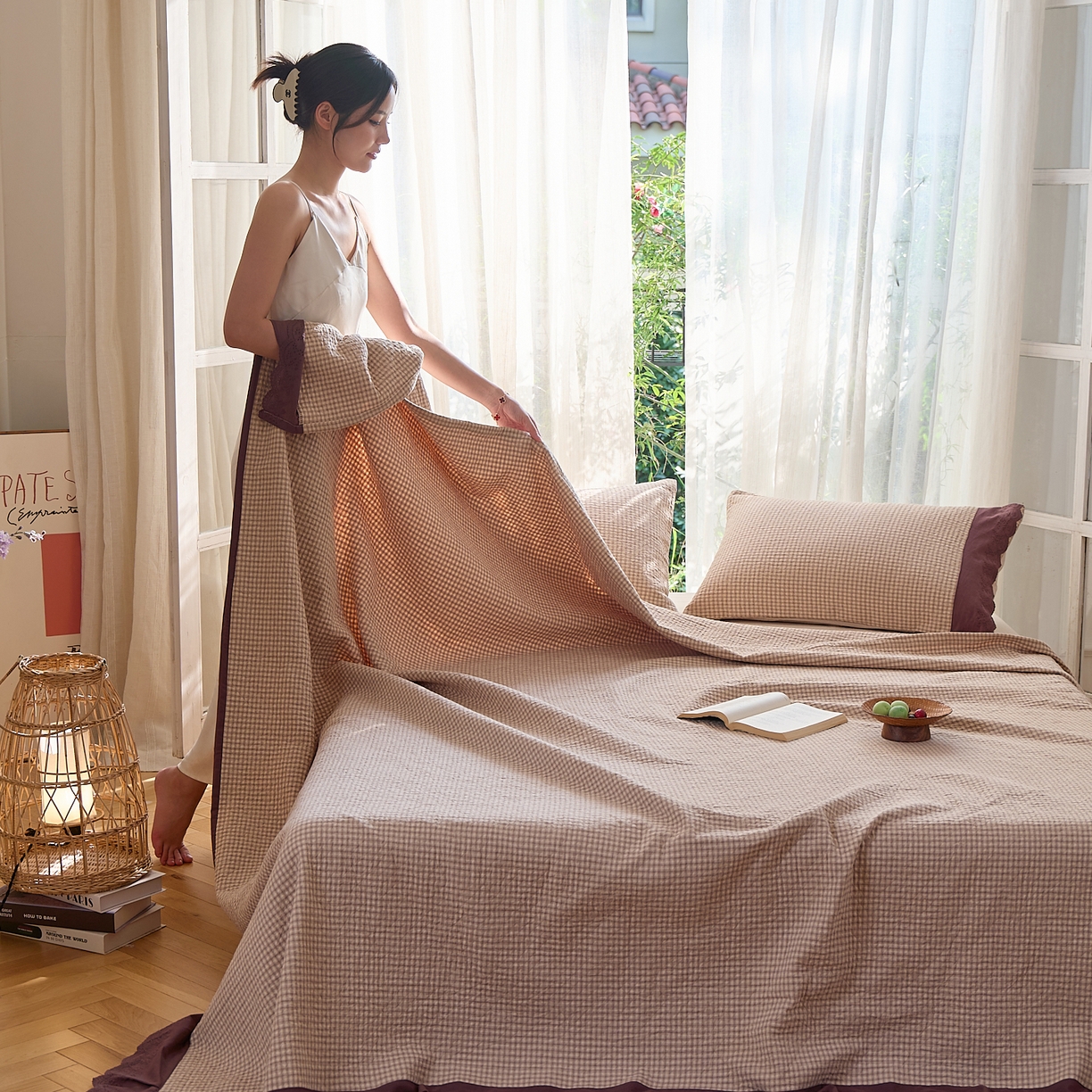 91家纺网 家纺一手货源 找家纺 沐瑟家纺 2025新款全棉纱布床盖三件套-挪威 挪威-浅咖