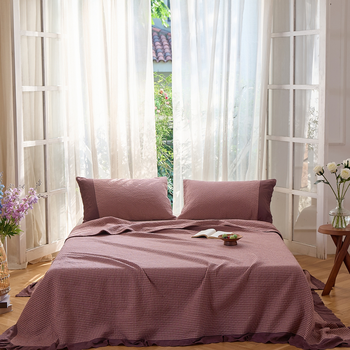 沐瑟家纺 2025新款全棉纱布床盖三件套-挪威 挪威-浆果红