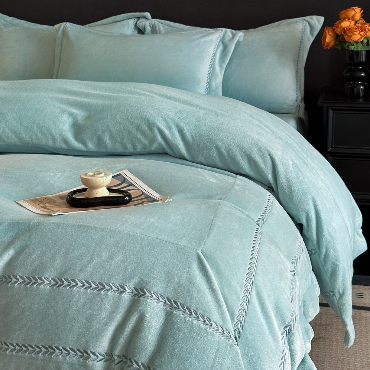 91家纺网 家纺一手货源 找家纺 苏源家居 2025新款加厚牛奶绒大拼角刺绣冬款四件套-麦穗绒 麦穗-繁星蓝