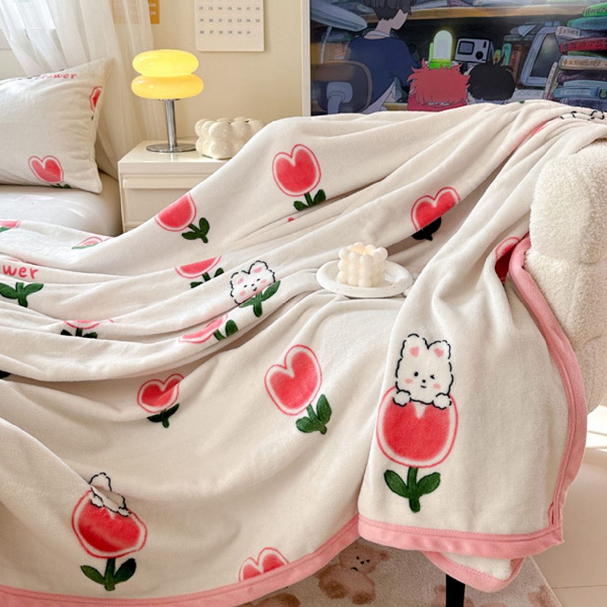 91家纺网 家纺一手货源 找家纺 宅部落 2025新款牛奶绒印花毛毯毯子300克云貂绒盖毯 郁金香小免