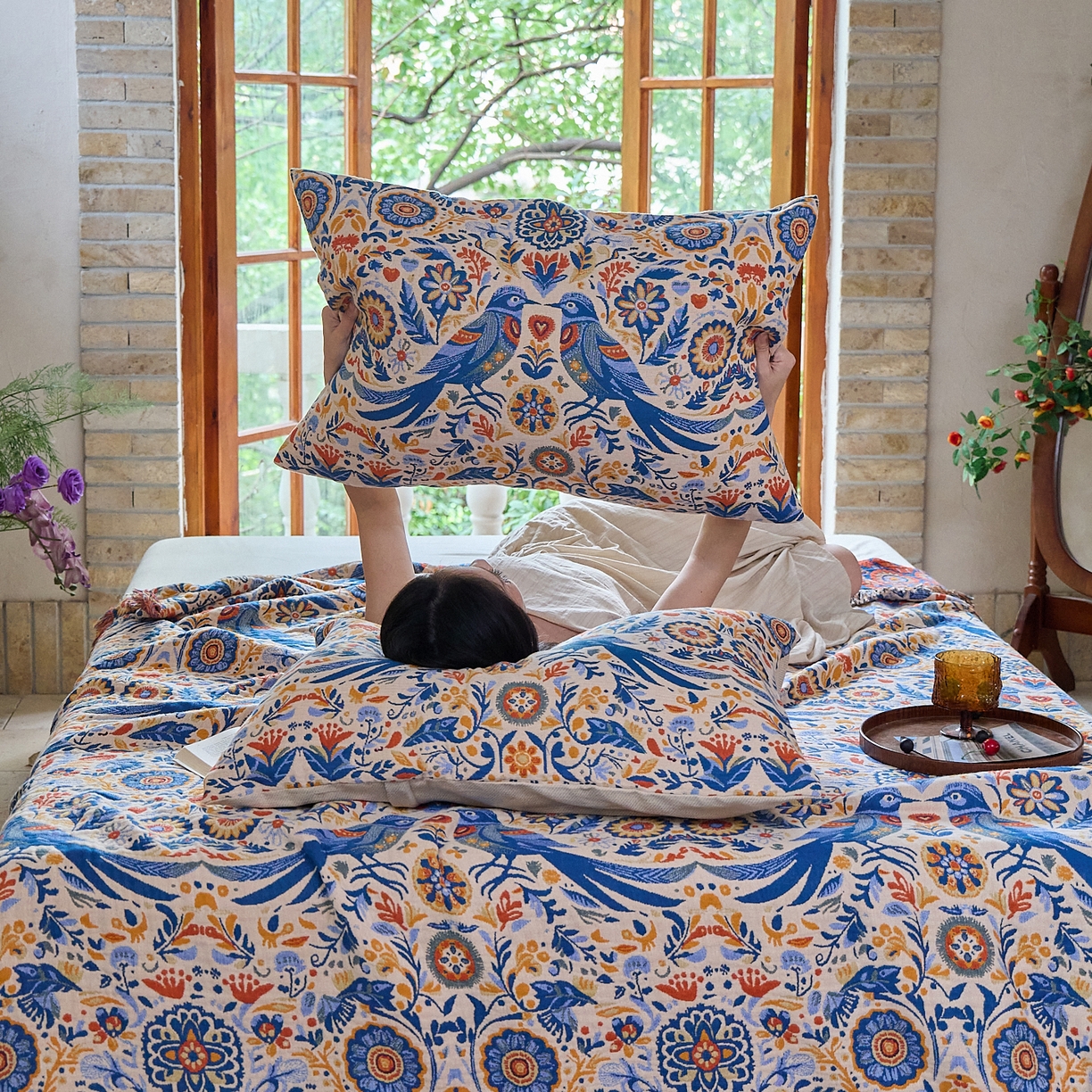 91家纺网 家纺一手货源 找家纺 沐瑟家纺 2025新款亲肤柔软全棉纱布中国风盖毯毯子 比翼鸟