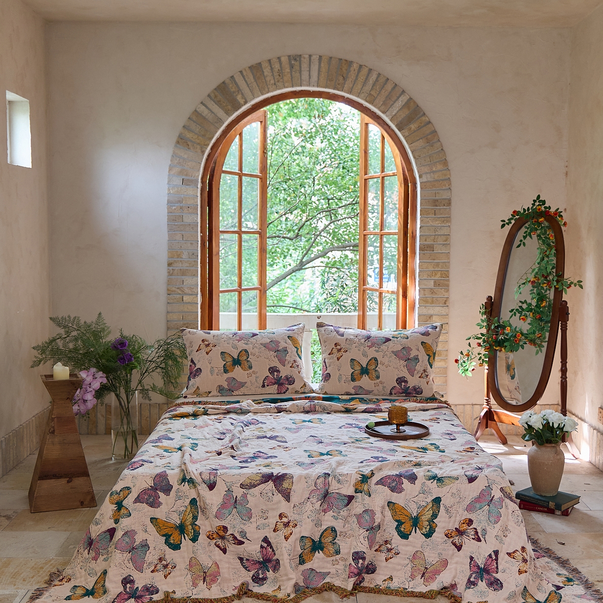 沐瑟家纺 2025新款亲肤柔软全棉纱布中国风盖毯毯子 蝶语-绿