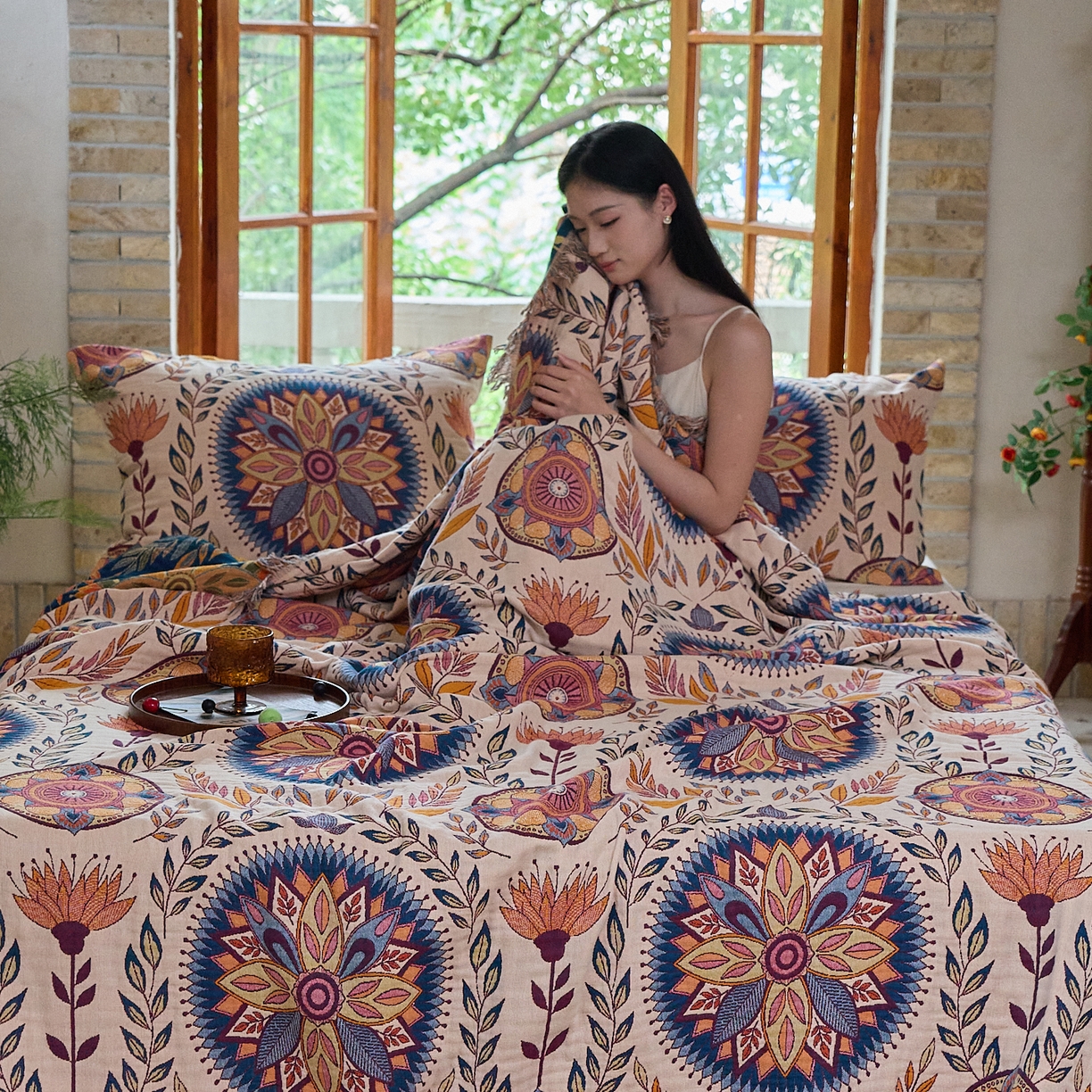 91家纺网 家纺一手货源 找家纺 沐瑟家纺 2025新款亲肤柔软全棉纱布中国风盖毯毯子 绮梦花