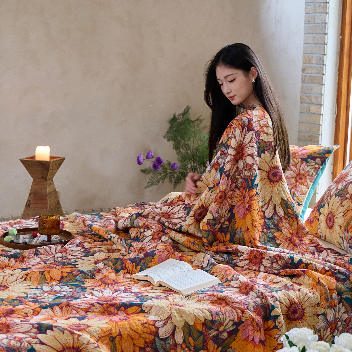 91家纺网 家纺一手货源 找家纺 沐瑟家纺 2025新款亲肤柔软全棉纱布中国风盖毯毯子 墨葵